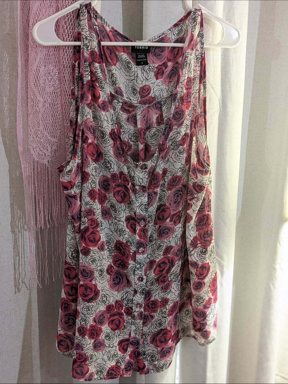 torrid White Camisole with Pink Rose Print and Button Front